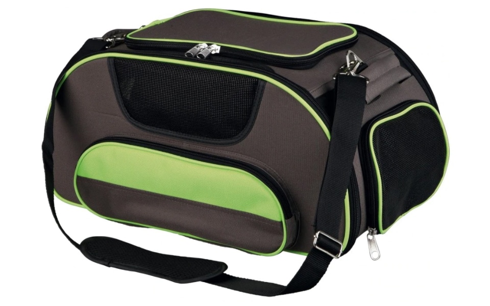 Black and green cat carrier bag.