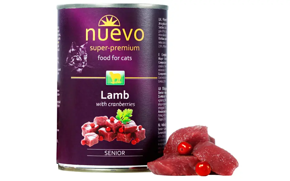 Chunks of cranberry meat next to a Nuevo Senior cat can.